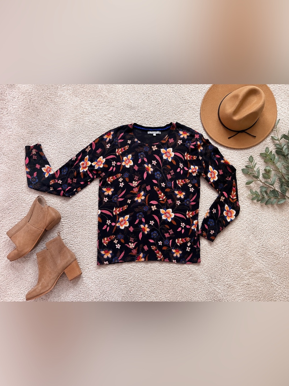 🖤🌟Daniel Rainn Stitch Fix Floral Long Sleeve Top Black Pink Blue Size Small🖤🌟